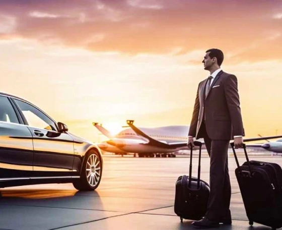 Business traveller with luggage beside a luxury saloon on the airport apron at sunset