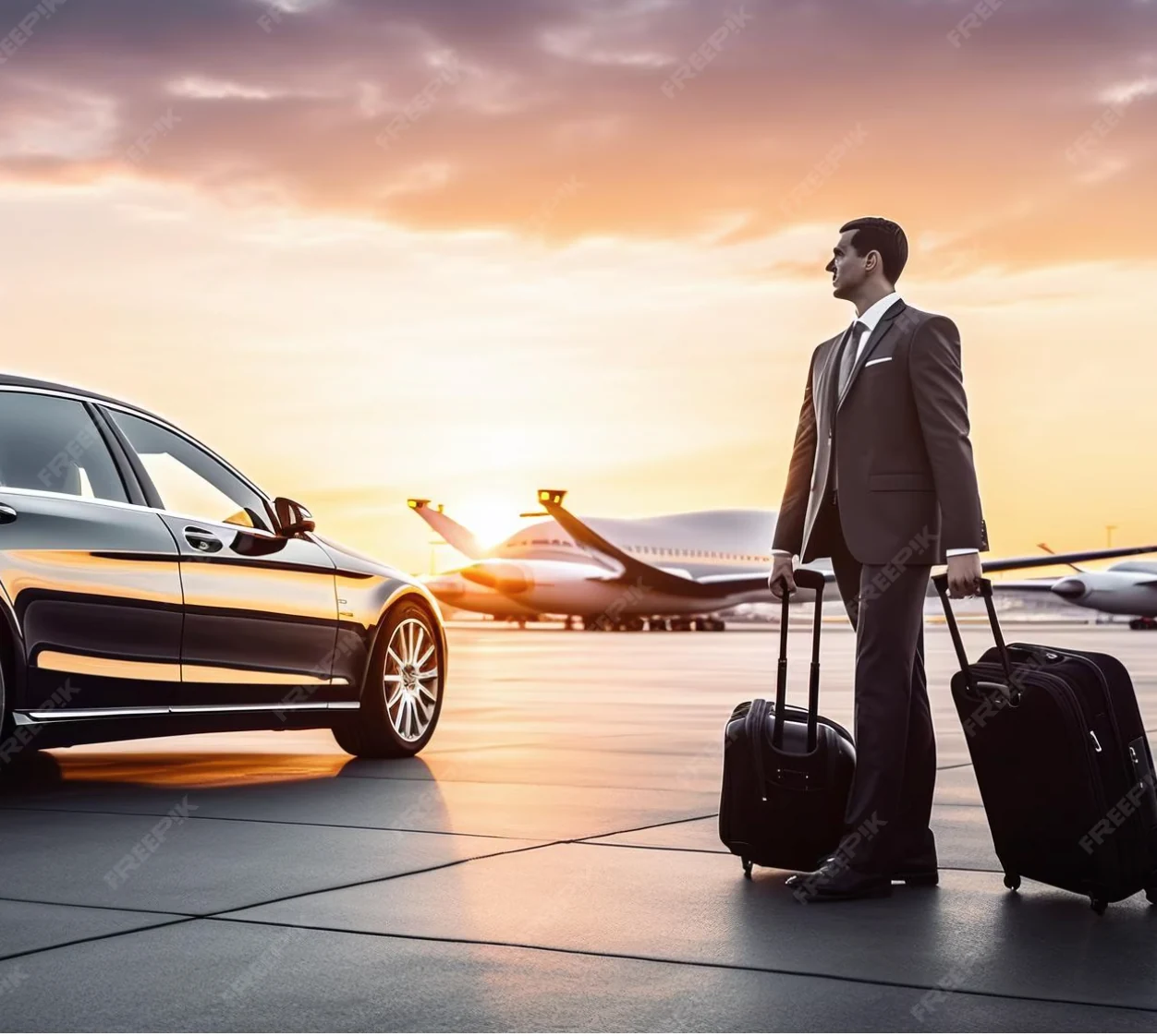 Executive with luggage beside a luxury sedan on the airport tarmac at sunset
